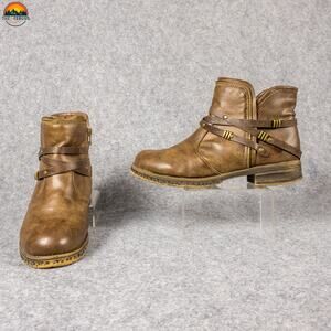 Maurices Ankle Booties Brown Leather Moto Boho Chic Strappy Side Zip Women Sz 9